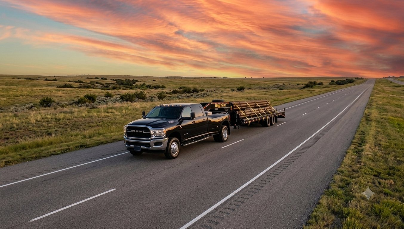 Brave Route Corp truck hauling a flatbed load at sunset