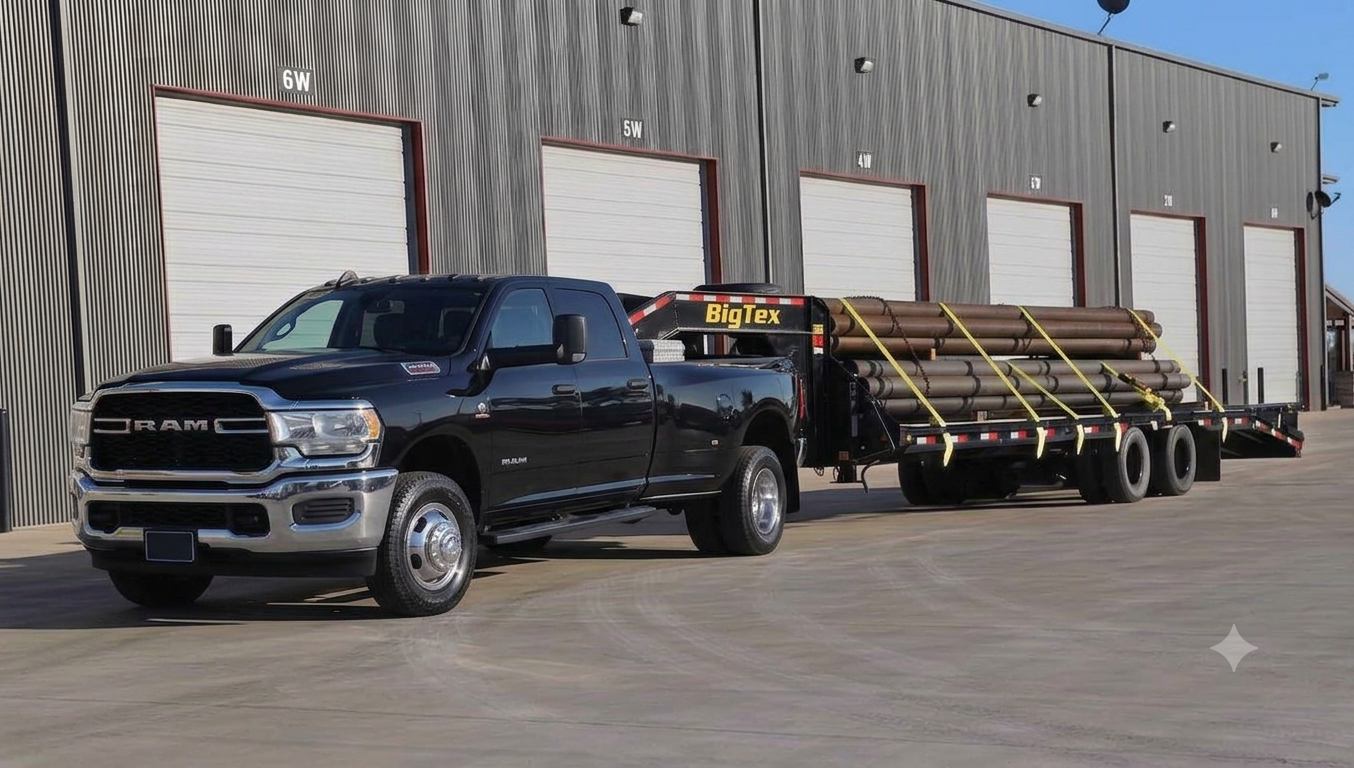 Flatbed hauling steel pipe near Houston warehouse