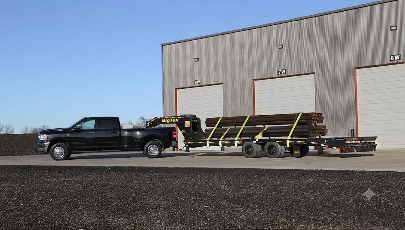 Brave Route Corp truck and gooseneck trailer loaded with steel pipe