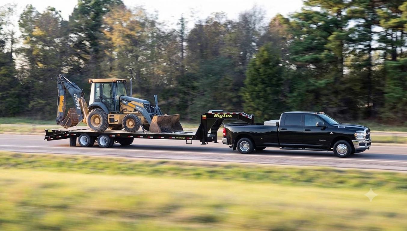 Truck hauling a backhoe loader on the highway