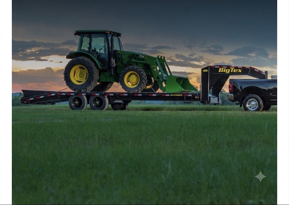 Truck hauling a tractor at sunset