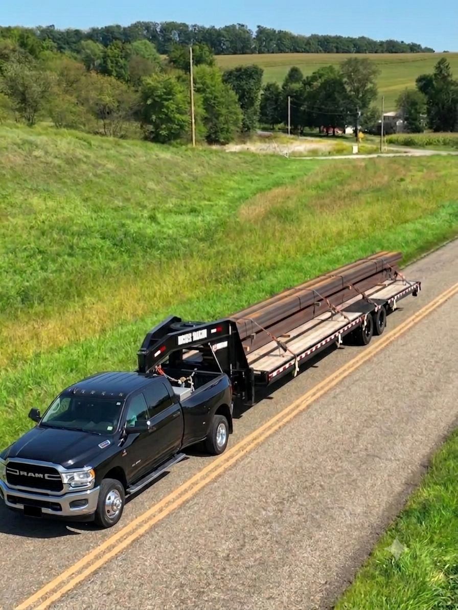 Truck hauling steel beams on a rural Texas road