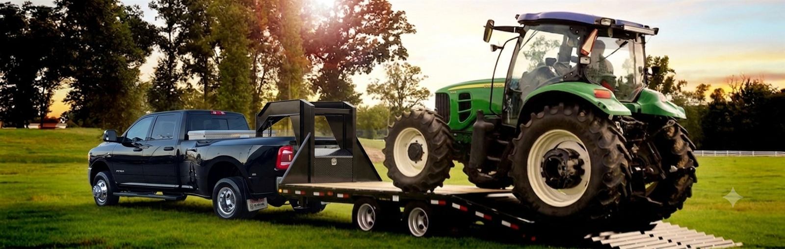 Truck hauling a tractor across a Texas field